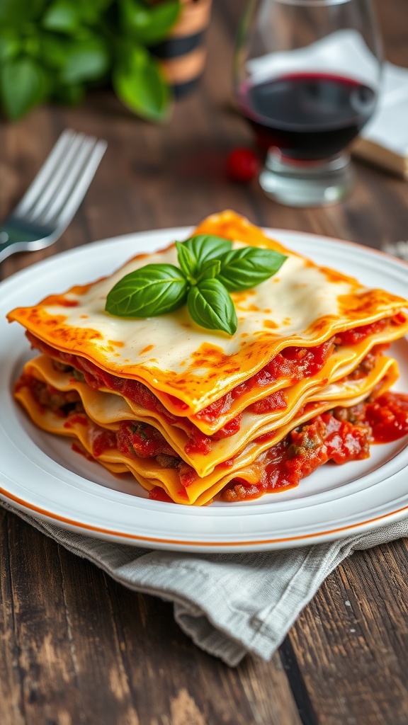 A close-up of gluten-free lasagna with cheese, meat sauce, and basil on a rustic table.